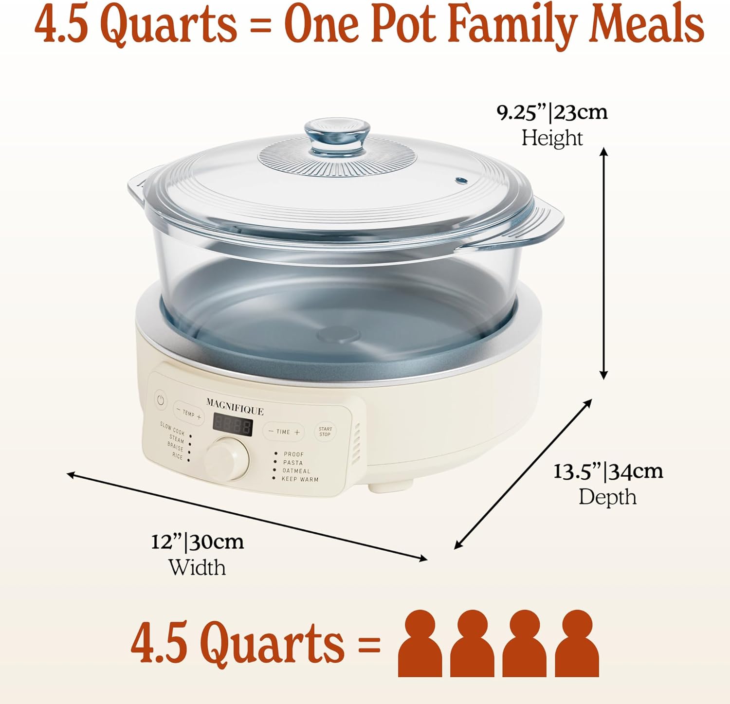 MAGNIFIQUE Slow Cooker, 4.5 Quart 8-in-1 Glass Pot Multi-Cooker, Non-Toxic Slow Cooker with Removable Borosilicate Glass Pot, for Rice, Pasta, Steam & Proof, Oatmeal