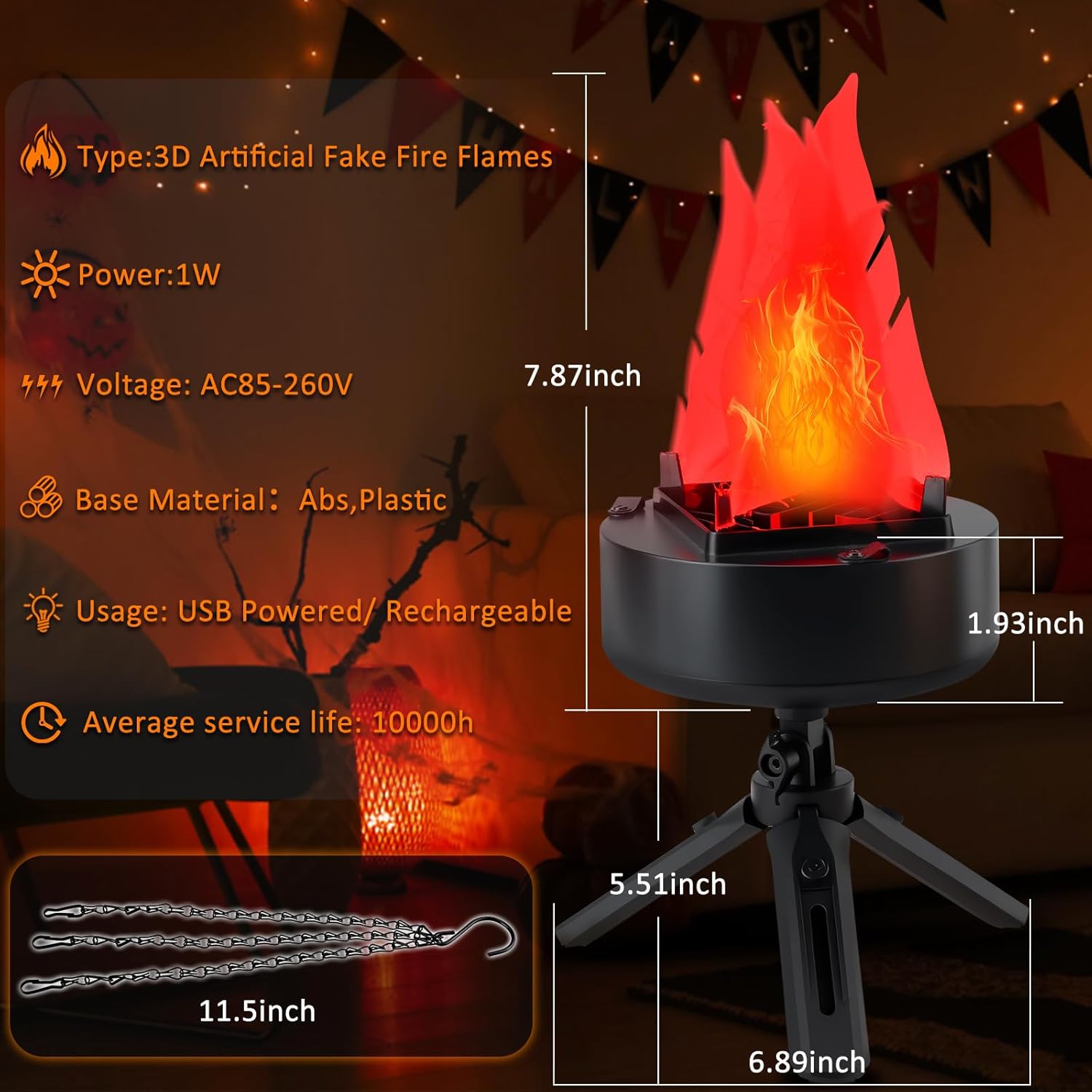 Bestview 3D Fake Fire USB Rechargeable Fake Campfire,Portable LED Effect Light Fake Flame Light, Realistic Simulated Prop Flame Lamp for Halloween Christmas Festival Decoration