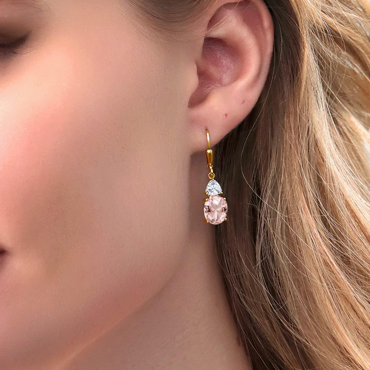 Gem Stone King 18K Yellow Gold Plated Silver Gemstone Birthstone and White Moissanite Leverback Dangle Earrings For Women | Oval 10X8MM | Trillion 5MM | Elegant Drop Design | Gift for Her Wife Mom - Image 2