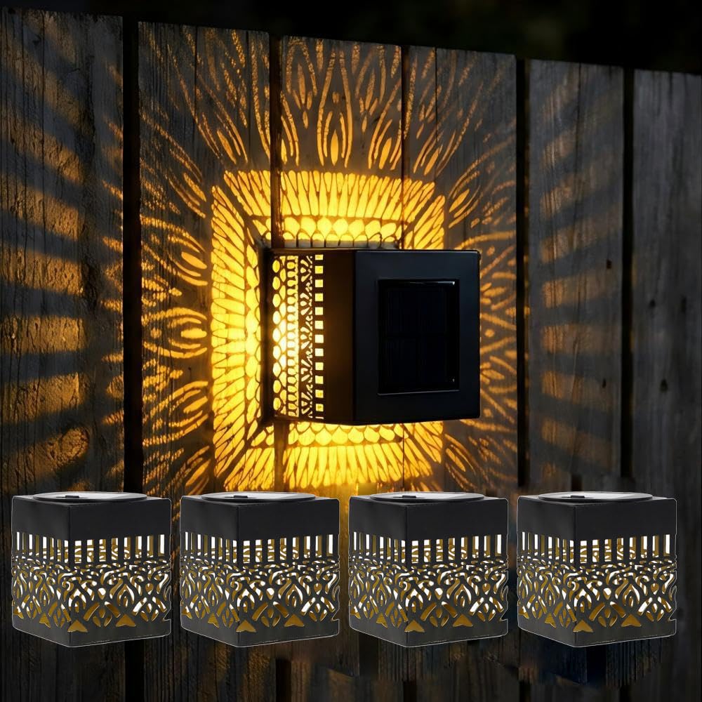4 Pack Solar Mandala Wall Lights, Ip65 Waterproof Seven-Color Changing Decorative Solar Mandala Projection Lamp, Outdoor Waterproof Metal Fence Light for Yard Garden (4, Yellow - Square)