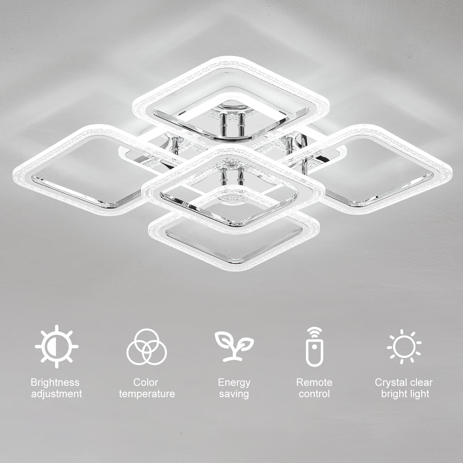Qcyuui Plafoniera LED Quadrata Lampadari Moderni a Incasso, 100 W Dimmerabile Camera da Letto Lampade da Soffitto Design Nordico per Soggiorno Cucina con Telecomando/Cromo