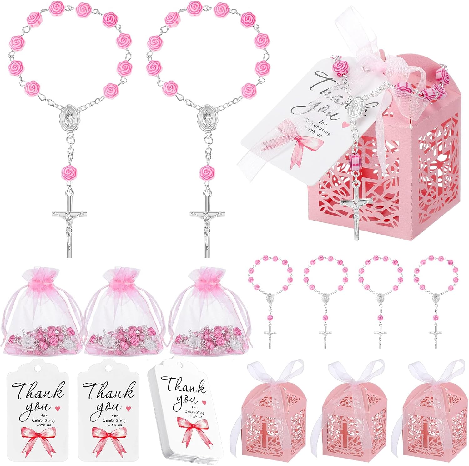 100 Pcs Pink Baptism Favors Set Includes Mini Rosary Cross Boxes White Organza Bags Thank You Tags for Shower Supplies Guest Return Gifts for Wedding