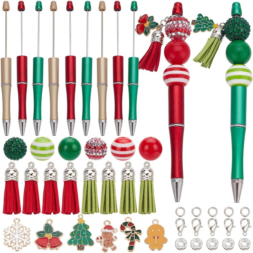 SUNNYCLUE DIY 12 Sets Christmas Beaded Pen Kit Beadable Pens Winter Beaded Pens Bulk Gingerbread Man Snowflake Xmas Tree Charms Resin Acrylic Beads for Teachers Students Gifts Office School Holiday
