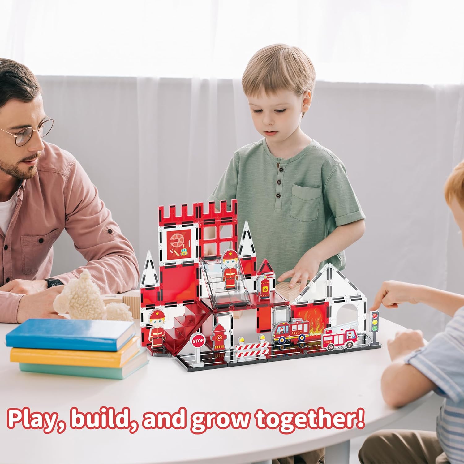 Fire Station Magnetic Tiles, STEM Building Set with Fire Truck, Preschool Learning Firefighter Toy for Ages 3-5,5-8,Birthday Gift for Boys & Girls(48PCS)