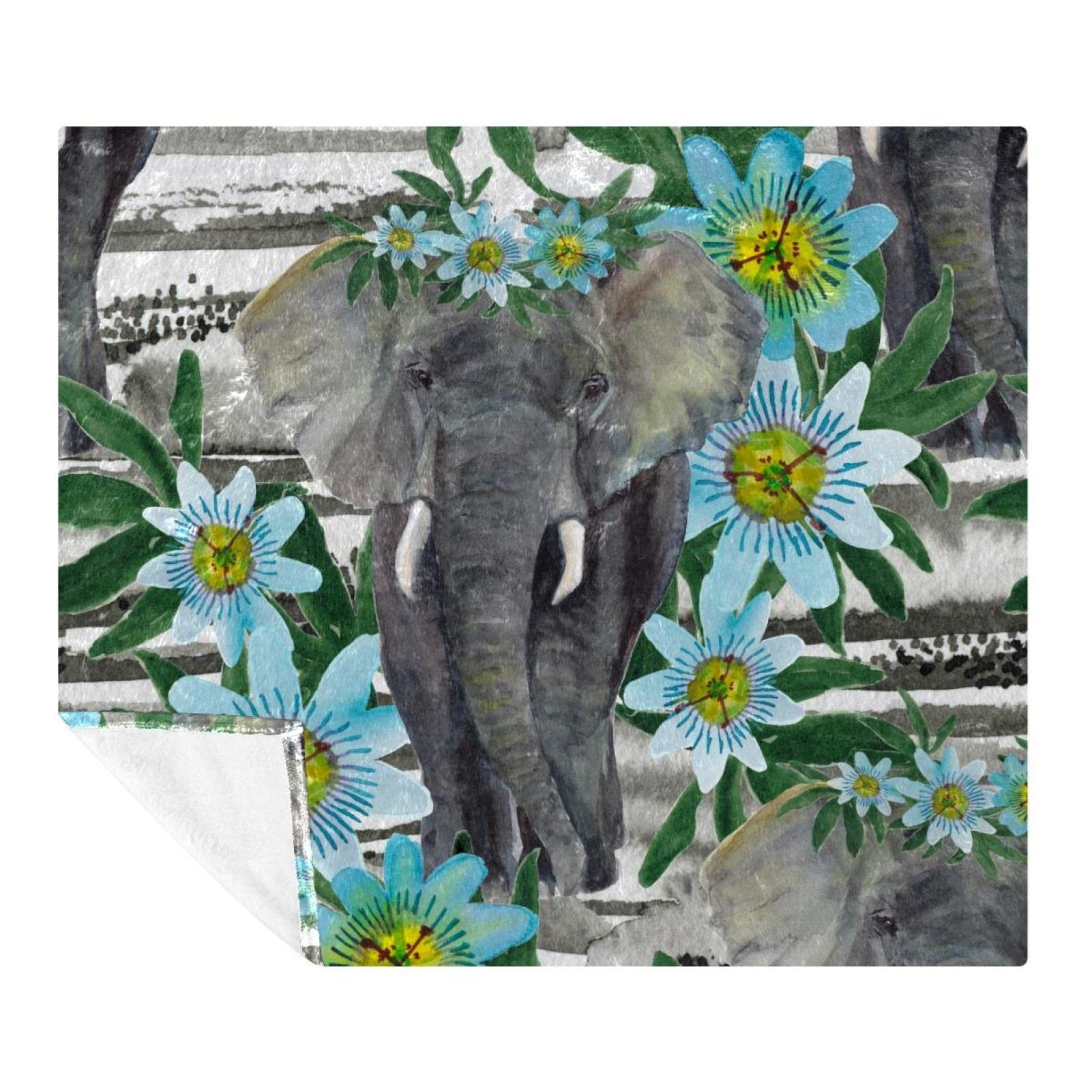 Plaid en microfibre polaire douce motif éléphant et fleurs de passion