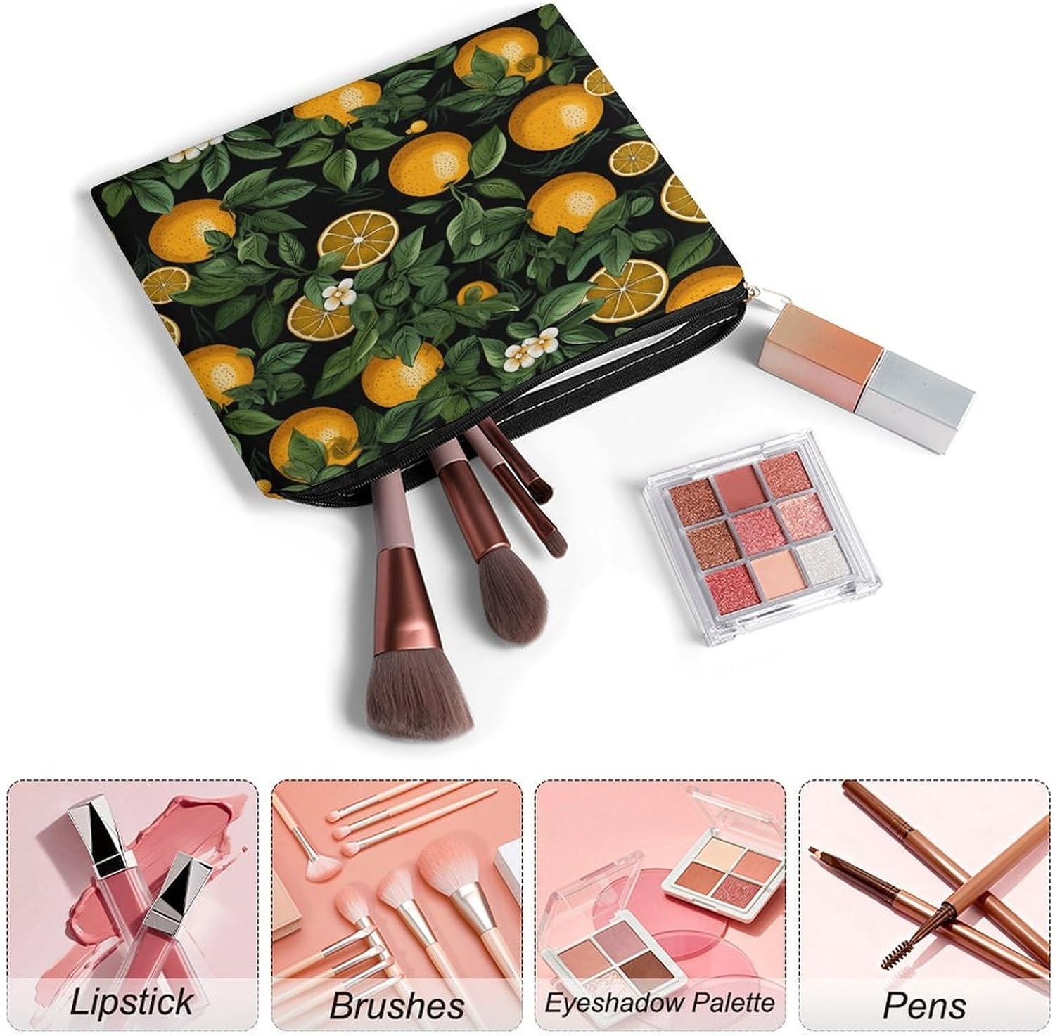 Oranges And Leaves Aesthetic Makeup Bag Cosmetic Bag with Zipper image 3