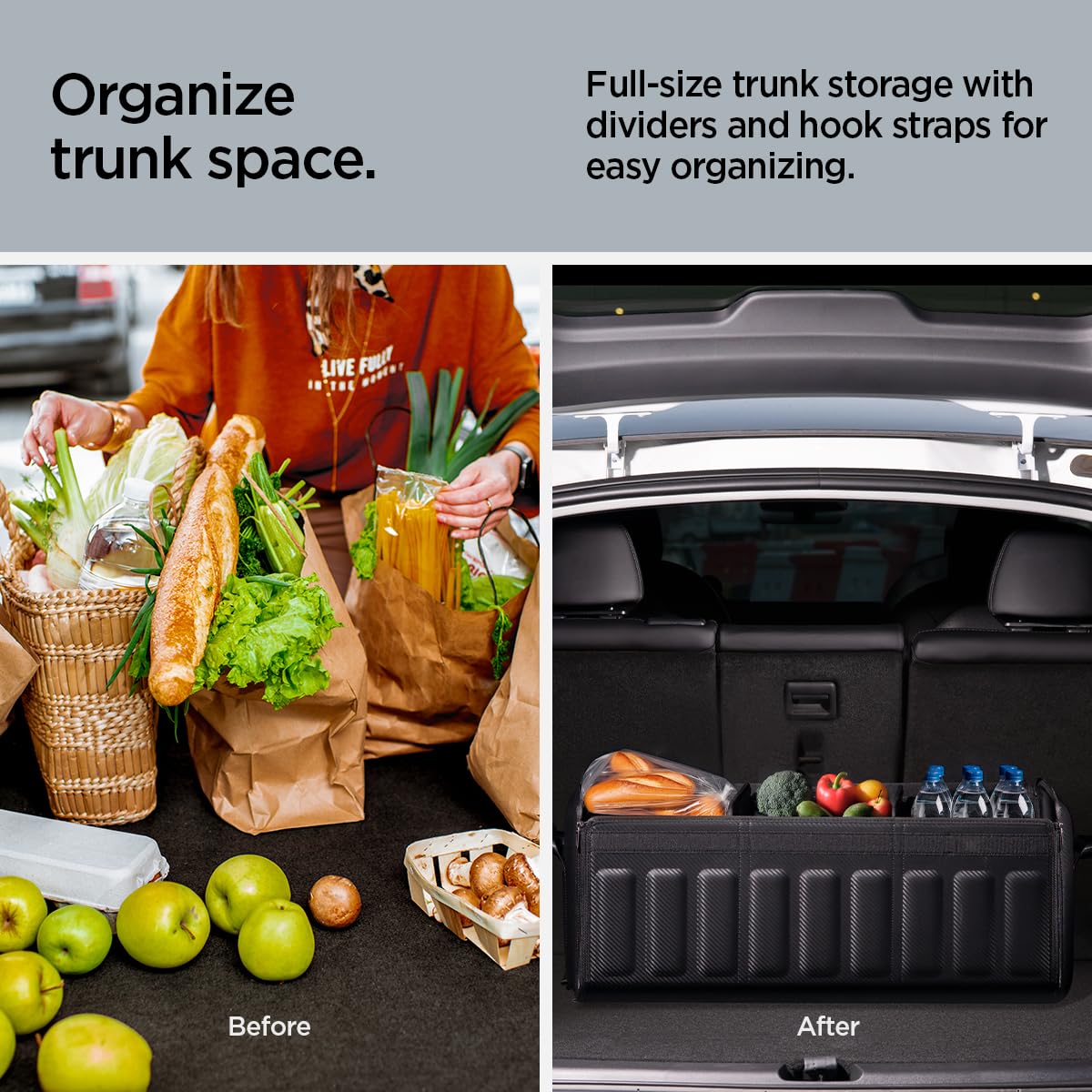 Spigen Tesla Model Y (~2025 Juniper) e 3/S/X Organizer Bagagliaio Auto Pieghevole, Universale Contenitore per Bagagliaio, Scatola di Stoccaggio Progettato per Tesla, Fiat, Alfa, Benz, BMW - Nero
