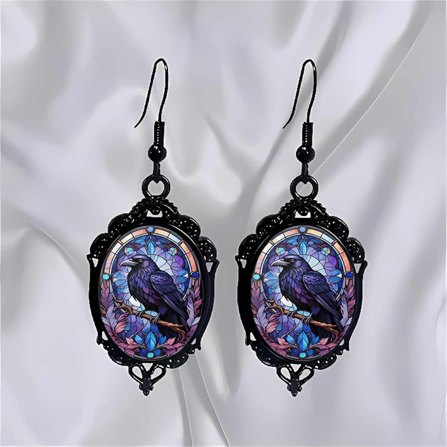 Gothic Halloween Cameo Earrings,Vintage Crystal Glass Witch/Raven/Bat/Tree Dangle Earrings Punk Style Dark Earring Goth Victorian Earring Halloween Jewelry for Women - Image 3