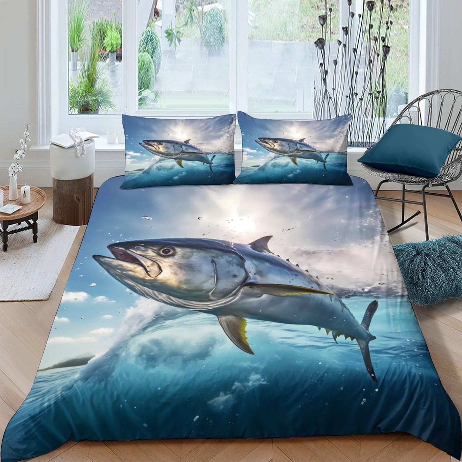 XFKLYNVCJ 3D Printed Tuna fish jump Comforter Cover Brushed Microfiber Ocean wildlife action Quilt Cover Wrinkle Resistant Hypoallergenic for Young Adults Rental Studio Use Super king（260x220cm）