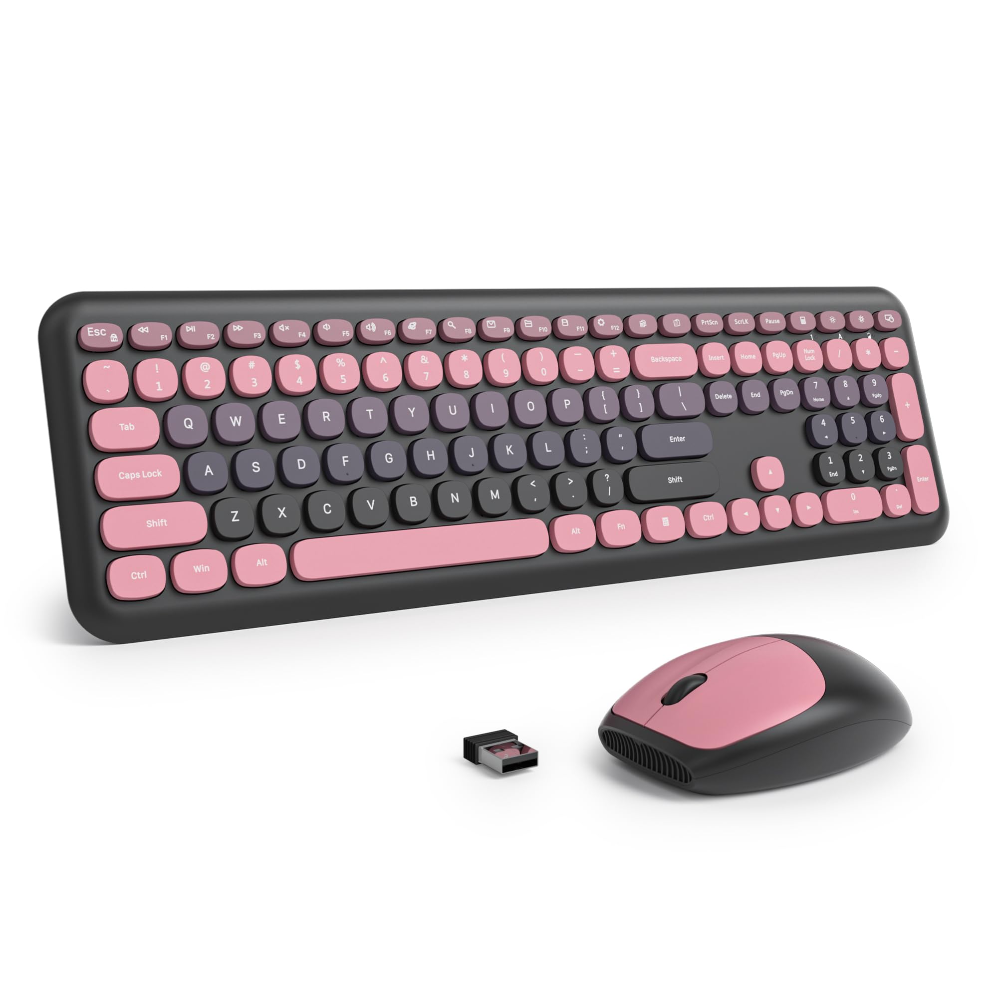 Klawiatura i mysz bezprzewodowa, retro kolorowa klawiatura radiowa z cichą myszką, amerykańska QWERTY, słodka bezprzewodowa maszyna do pisania, pełnowymiarowa, USB 2,4 GHz do PC (Pink Plum)