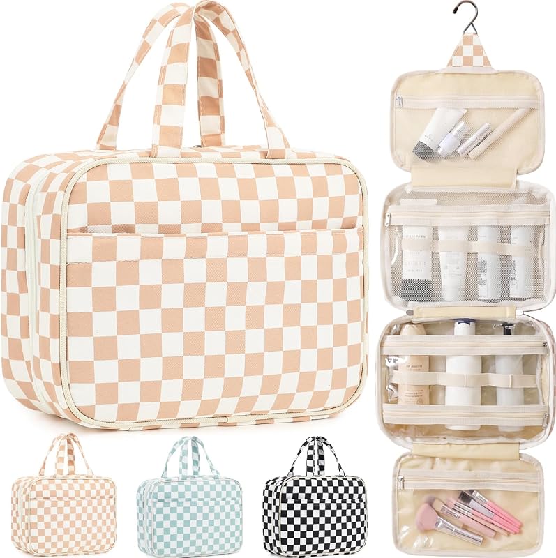 Fammart Necessaire de viagem suspensa Checkered Khaki com gancho e múltiplos compartimentos, 1 unidade