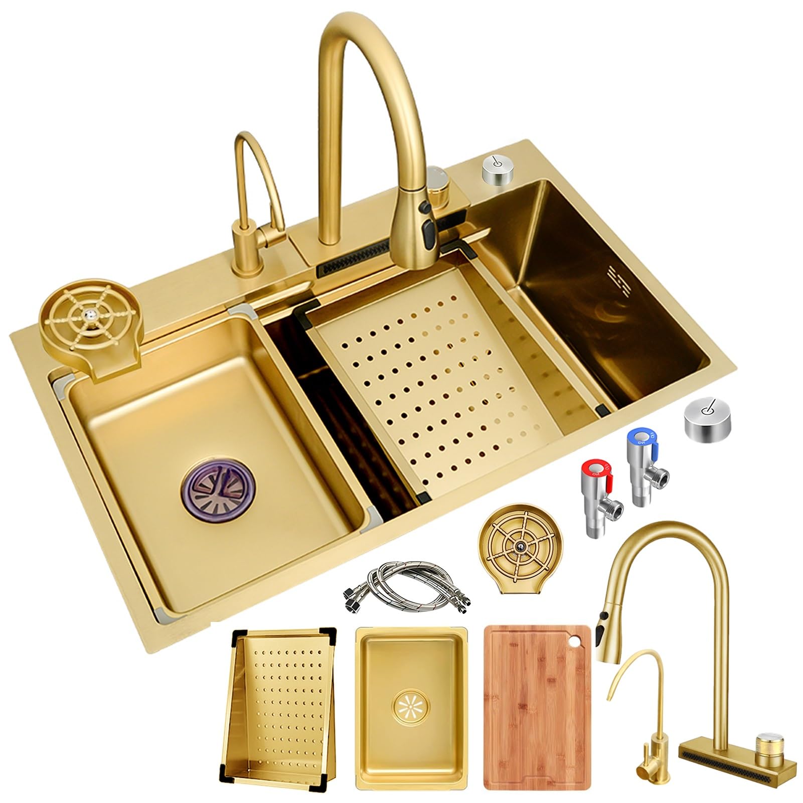 Fregadero de Cocina Grande con escurridor, Fregadero de un Solo Seno para encimera, para instalación empotrada, Acero Inoxidable Essential, Incluye Kit de desagüe Completo (Dorado,
