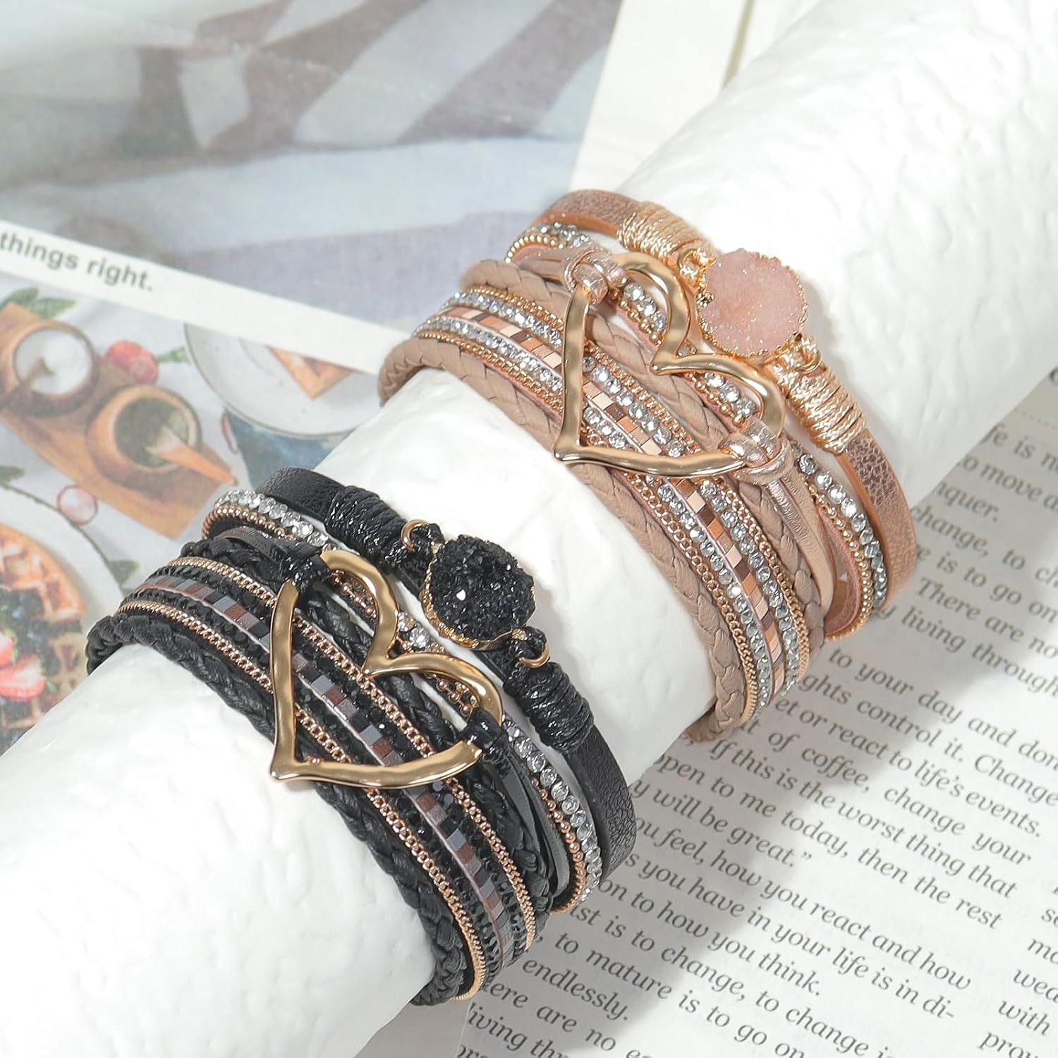 2Pcs Boho Bracelets Woven Leather Multi-Layer Wrap Bracelet Heart Shape Inlaid Rhinestone Stackable Fashion Women Bracelet Jewelry
