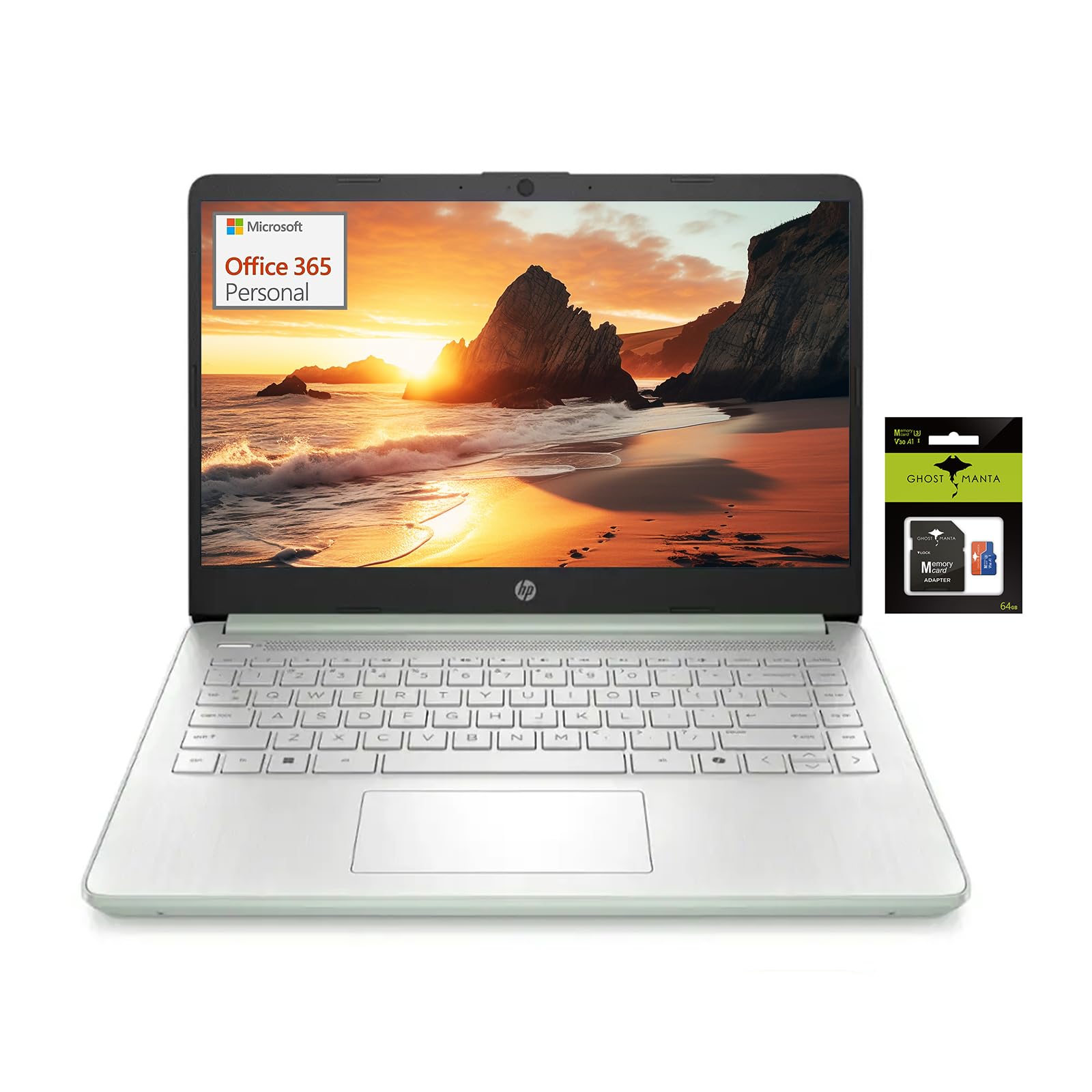 HP 14" Student-Laptop with Copilot AI office365, Quad Core Intel Processor N150(Up to 3.6GHz) 8GB RAM 192GB Storage(128GB UFS + 64GB Ghost Manta SD Card) Win11