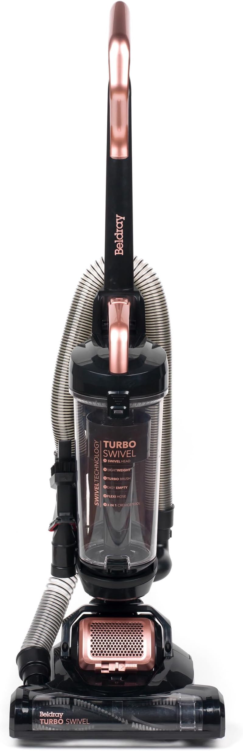 Beldray BEL0648NRG Turbo Swivel Upright Vacuum โ Cyclonic Carpet Cleaner, HEPA Filter, Multi-Surface Bagless Vacuum, Lightweight, 3-in-1 Crevice Brush Tool, Multidirectional Head, 2m Flexi-Hose