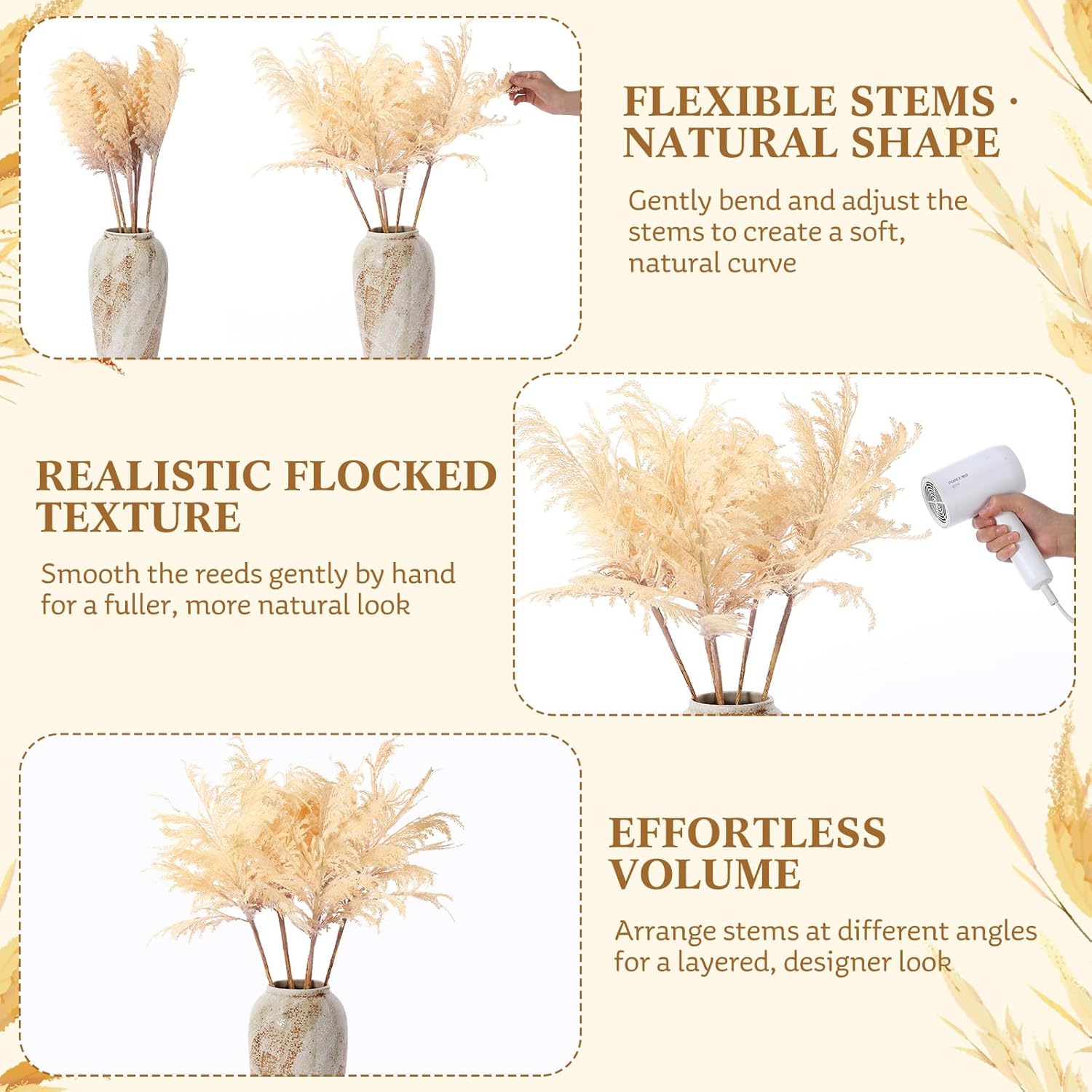Giegxin 6 Pcs 33.5 Inch Artificial Pampas Grass Branches Faux Leaf Spray Pampas Grass Branches Artificial Stems Fake Plants Stems for Home Office Vase Filler Wedding Party Decoration Centerpiece