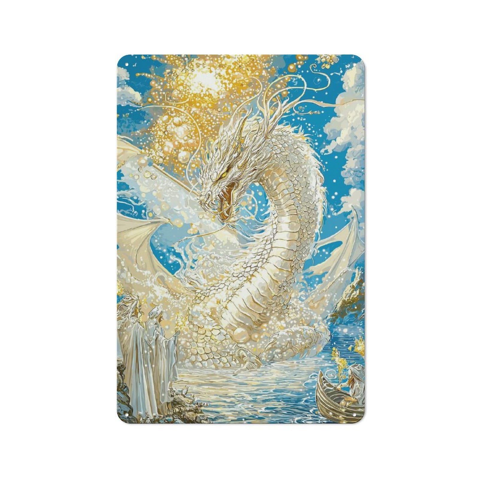 Junmoney Majestic White Dragon Fantasy Tin Sign With Design 30X20cm, Weathered Look Industrial Wall Art For Workshop, Basement, Shed Or Games Room
