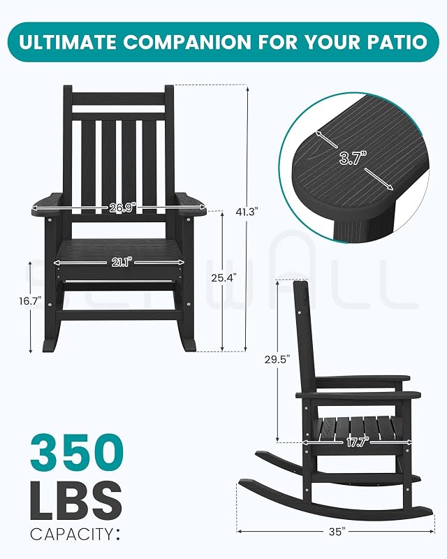 SERWALL Outdoor Rocking Chair Set of 2, HDPE Rocking Chairs for Adult, Black image 3