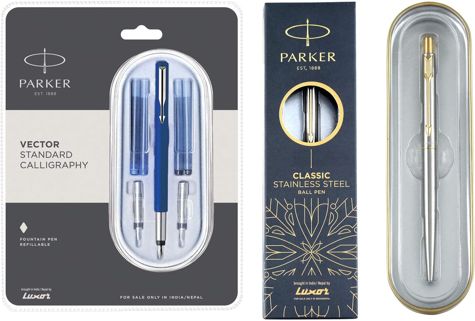 Parker Calligraphy CT Fountain Pen (Blue), 7 Piece Set Moments Classic Gold Trim Ball Pen (Silver)