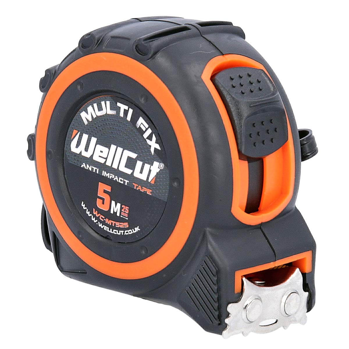 Wellcut Mètre ruban professionnel rétractable - Mètre ruban magnétique - 5 m - 25 mm de large - Système Multifix - Clip de ceinture en métal - Noir/orange