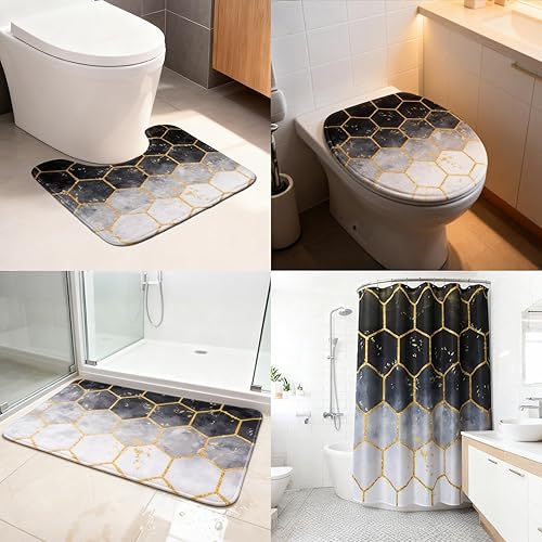 Miniatura 8 de Juego de baño negro con cortina de ducha y alfombras, 25 piezas, juego de accesorios de baño, basura, dispensador de jabón, jabonera, cepillo de