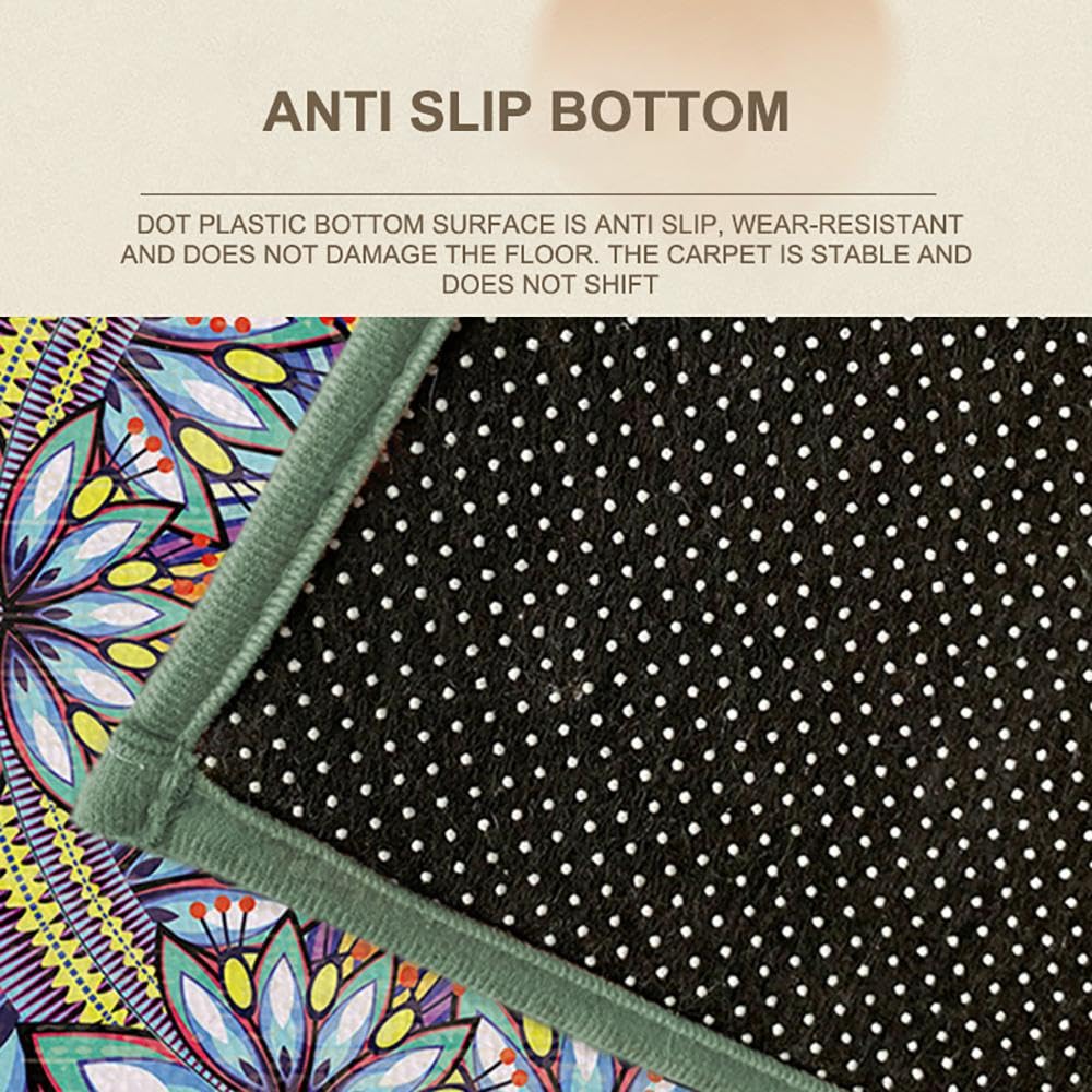 Tapis Rond Salon, Moderne Boho Mandala Imprimé Tapis De Sol Décoration Antidérapant pour Chambre À Coucher, Salon, Cuisine, Décoration D'intérieur,01-140cm