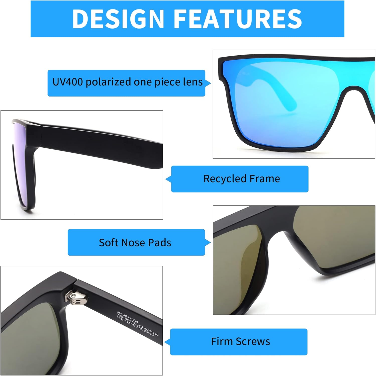 GLINDAR Oversized Square Polarized Sunglasses for Men Women, One Piece Shield Shades UV400 Protection - Image 4