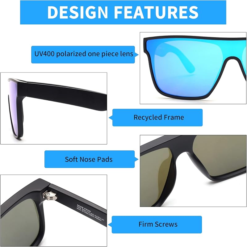 GLINDAR Oversized Square Polarized Sunglasses for Men Women, One Piece Shield Shades UV400 Protection Black/Mirror Blue image 4