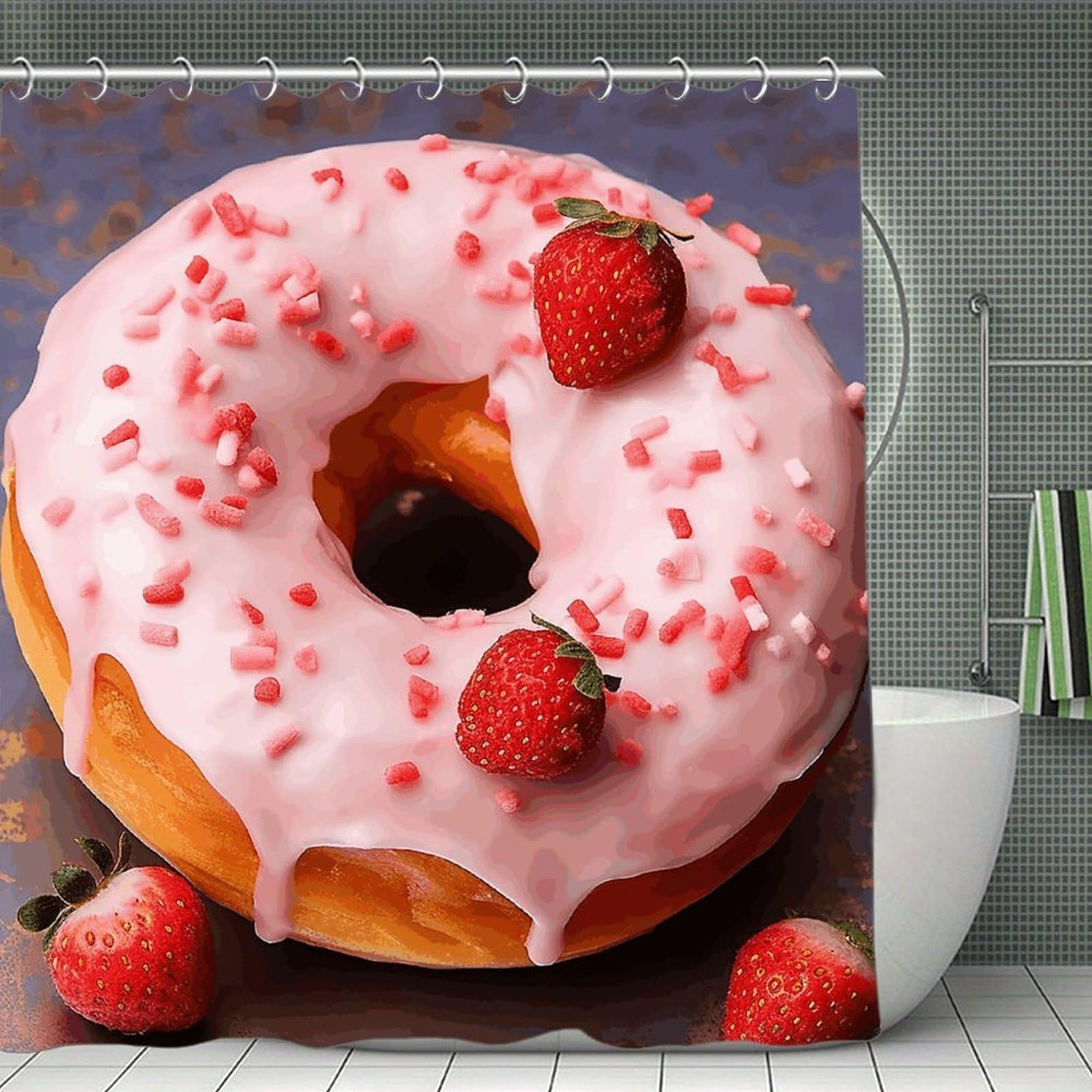 QMNLKH Strawberry Donut Shower Curtain with Hooks, Waterproof Bath Curtains for Bathroom, Lightweight Bath Curtains Liner for Hotel, Personalized Bath Curtain for Spa, 70.8 Inch