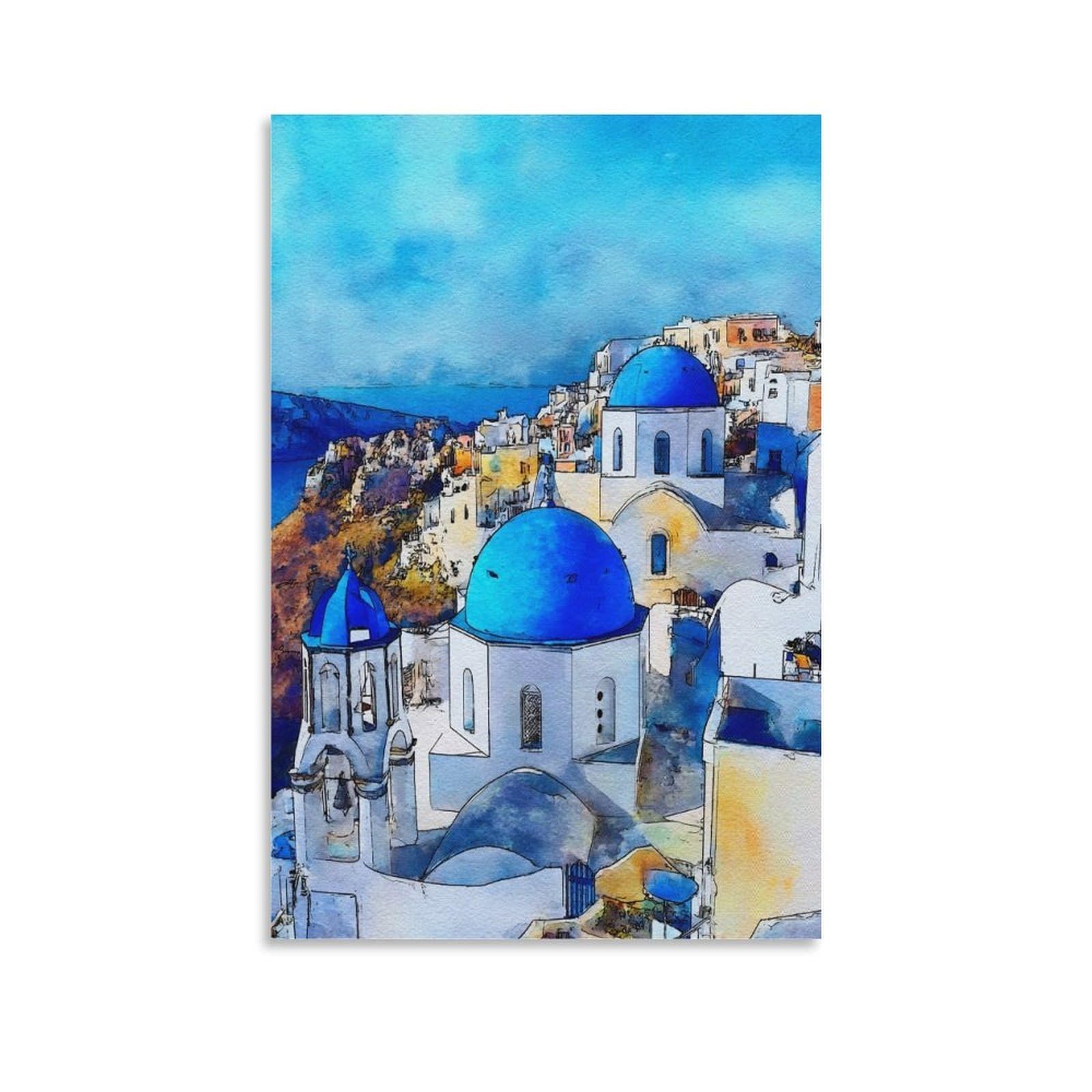 Lcynnh Unframe-Style Santorini 20X30inch(50X75cm) Vintage Travel Poster Watercolor Canvas Art