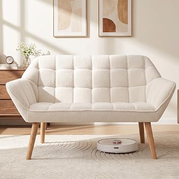Hyfirm 48-Inch White Sherpa Loveseat Sofa, Button-Tufted Mini Couch