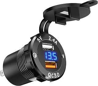 BlueFire Upgraded Aluminum Alloy Fast Charging 3.0 USB Charger Socket & 2.4A IP66 Waterproof Dual USB Power Outlet with Voltmeter for Car Boat Marine Rv Motorcycle(Blue)