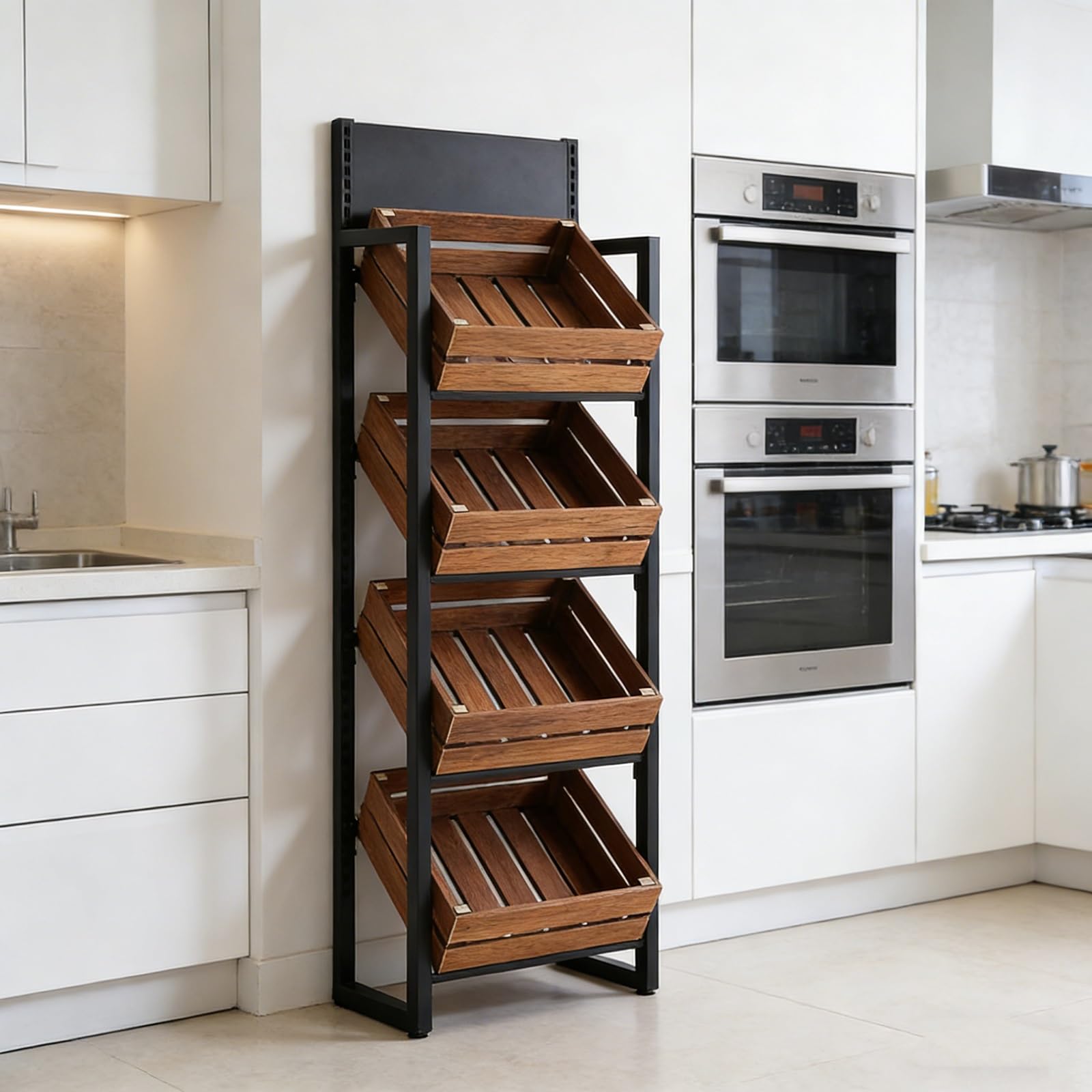 Étagère de Cuisine à 4 Niveaux pour Fruits et légumes, présentoir de Sol en Bois Massif pour oignons et Pommes de Terre, Grand Cadre de Rangement Multi-Niveaux