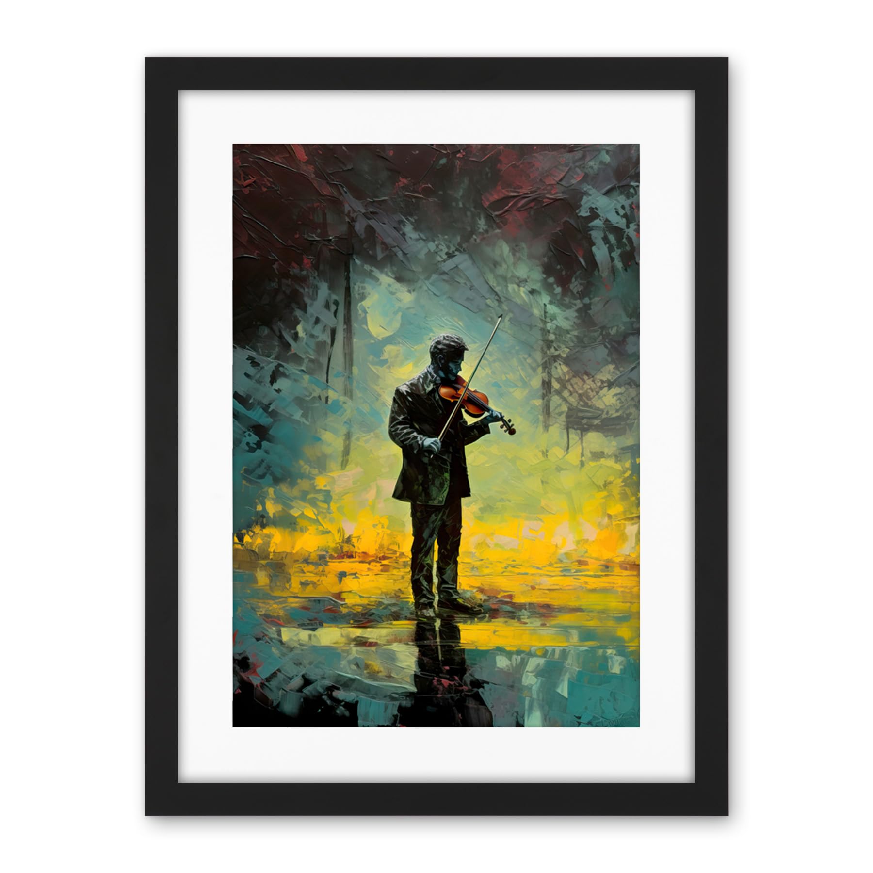 Artery8 Street Musician Playing Violin After the Rain Artwork Framed Wall Art Print 18X24 Inch