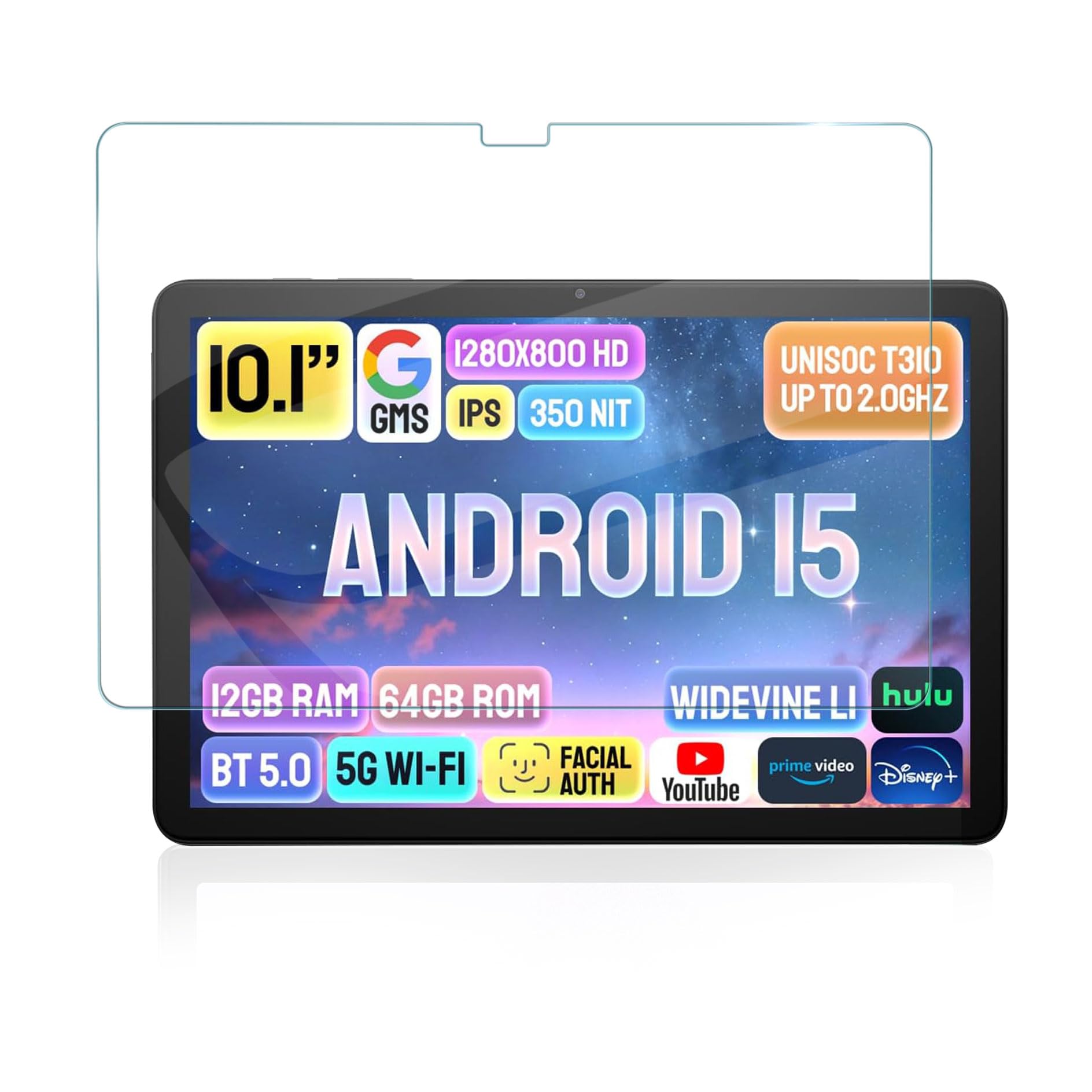 For Zuleisy Android 15 タブレット 10インチ フィルム 強化ガラス 指紋防止 高透過率 9H硬度 耐衝撃 高精細 撥水撥油 自動吸着 反射防止 貼り付け簡単【1枚入り】