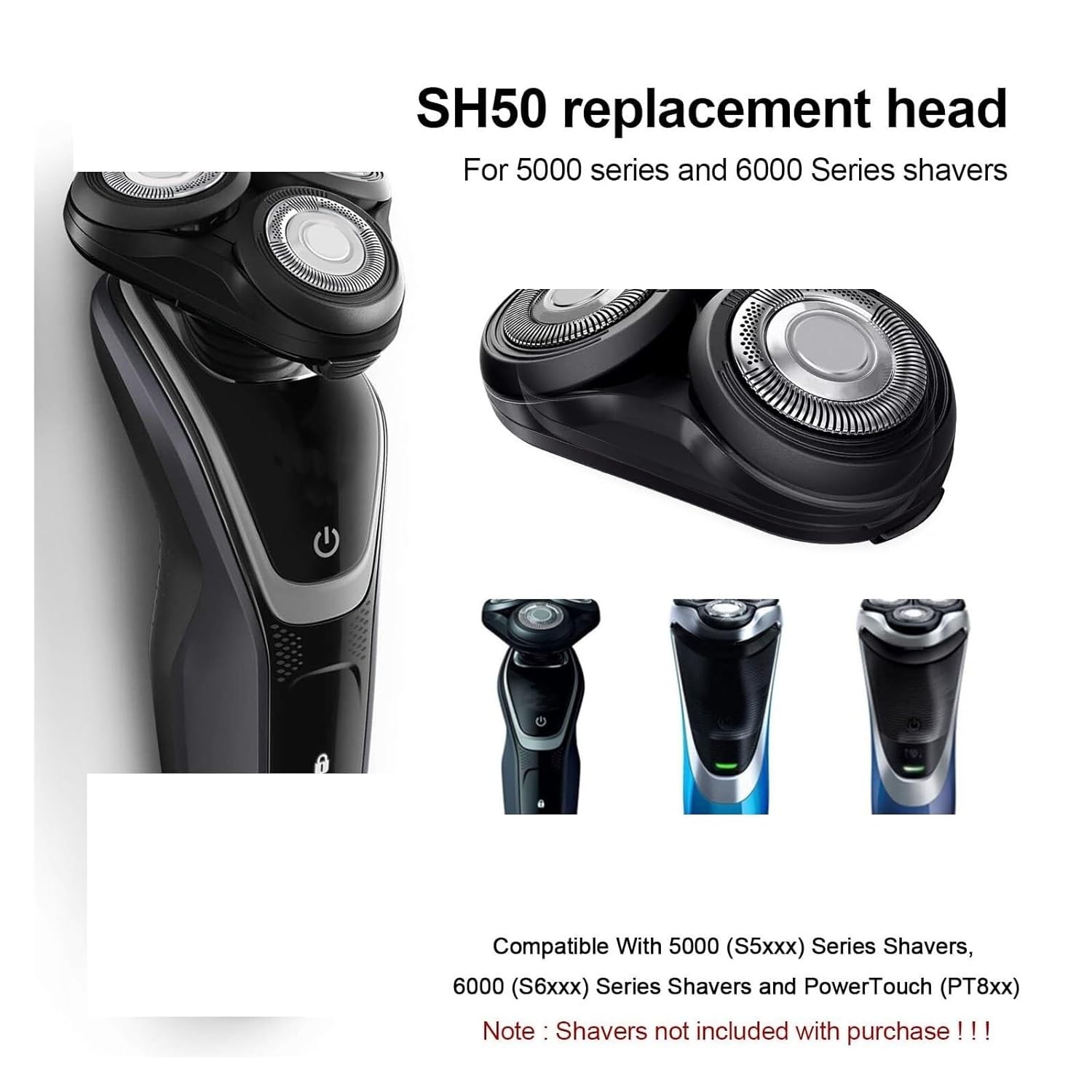For Replacement Shaver Head，Compatible For Philips，SH50 S5000 S5370 S5571 S5420 S5140 S5078 S5077 S5050 S5082 S5380 S5400 Razor Blade Washable(Tool head base)