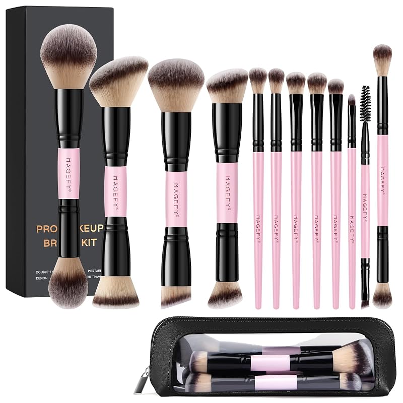 Kit de Pincéis de Maquiagem MAGEFY com 12 Peças, Dupla Face, Nylon e Cabo de Madeira, Rosa, com Estojo e Caixa para Presente