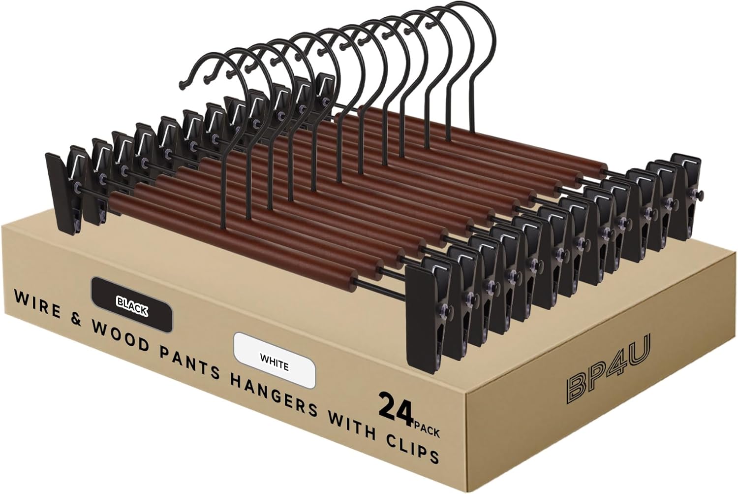 12-Pack Wire Pants Hangers with Adjustable Clips, Premium Wooden Skirt Hangers, Non-Slip Clamp Bottom Hangers for Trousers, Jeans, Shorts & Clothing Organization (White)