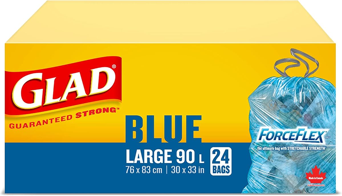 Glad Blue Recycling Bags - Large 90 Litres - ForceFlex Drawstring, 24 Trash Bags, Made in Canada of Global Components