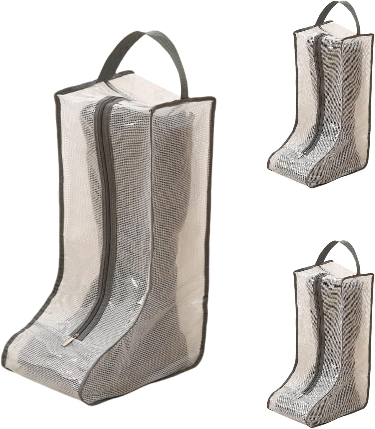 Shoe Bags for Travel, Set of 3 Pack Long Boot Shoe Bags for Packing, PVC Visualization Waterproof Portable Travel Shoe Bag with Zipper Travel Essentials (Grey 3pcs,Long boot style)