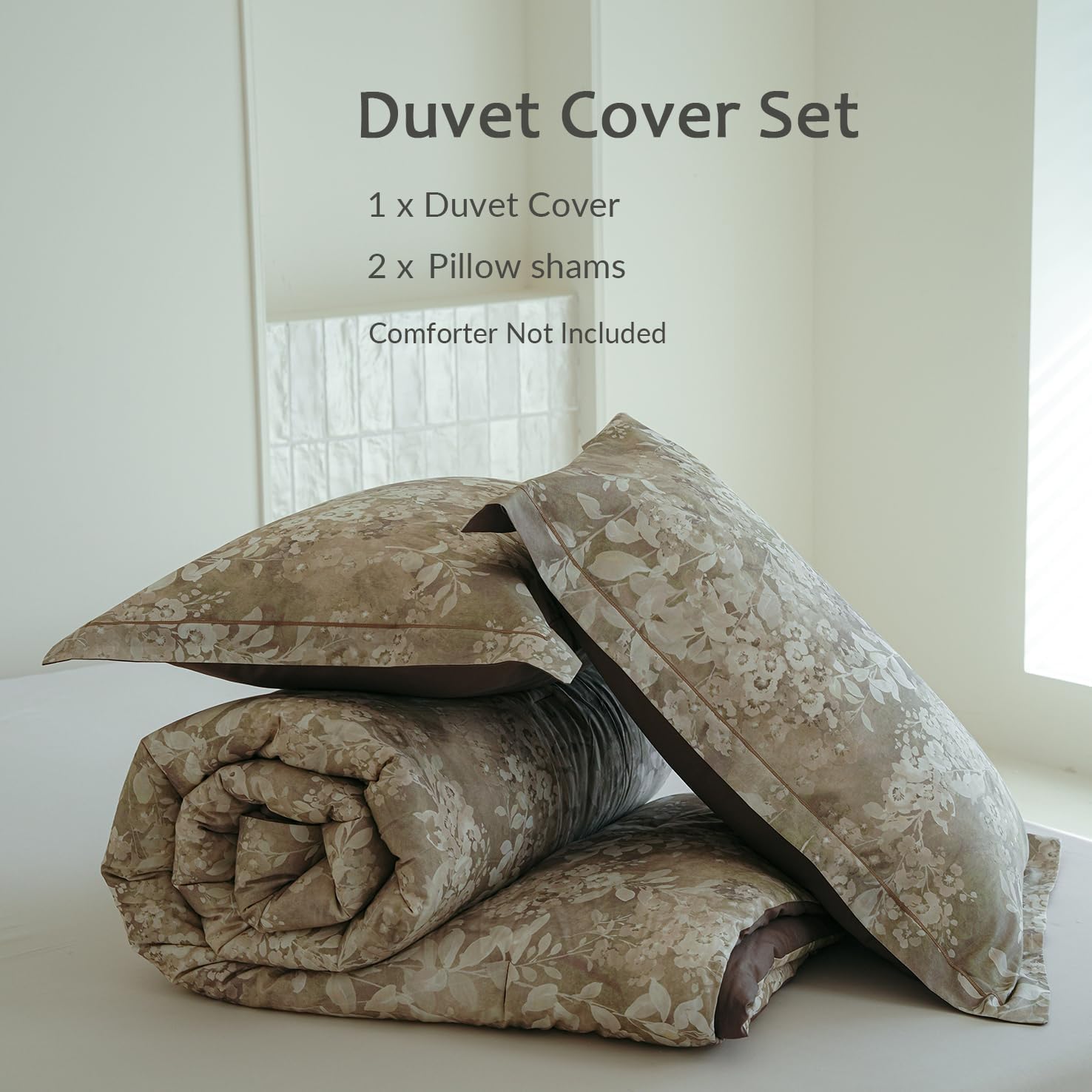 Duvet Cover Set King Size, 100% Long Staple Cotton Gradient Brown & Beige Botanical Floral Leaves Printed, Soft Breathable Luxury Bedding Set for All Season, 3 Pieces