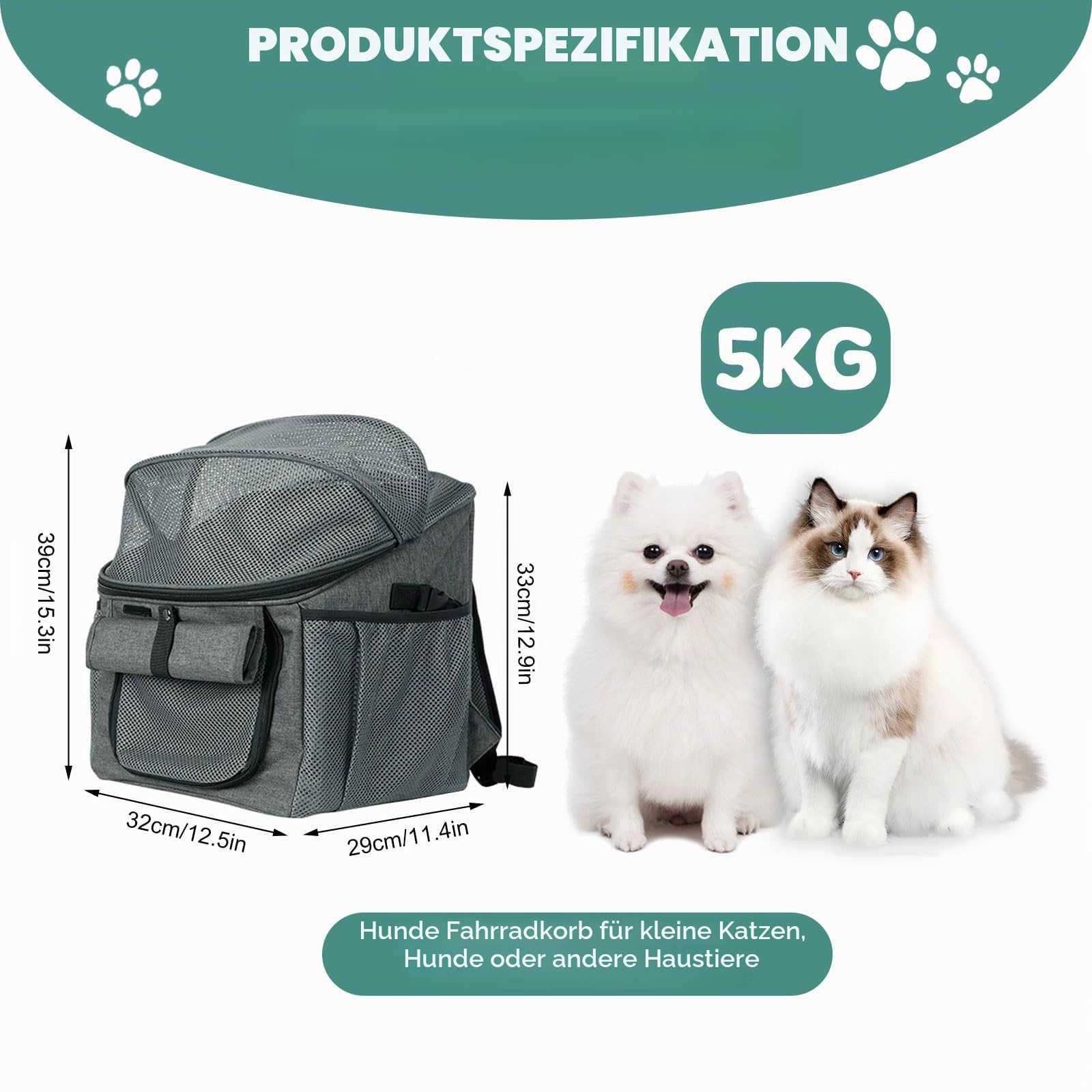 Fahrradkorb für Hunde, Fahrradtasche für Haustiere mit Lenker Adapter, Abnehmbar, Atmungsaktives Netzgewebe, Verstellbare Riemen, Faltbarer Fahrradkorb für mittelgroße Haustiere, Elektrofahrräder Haustier