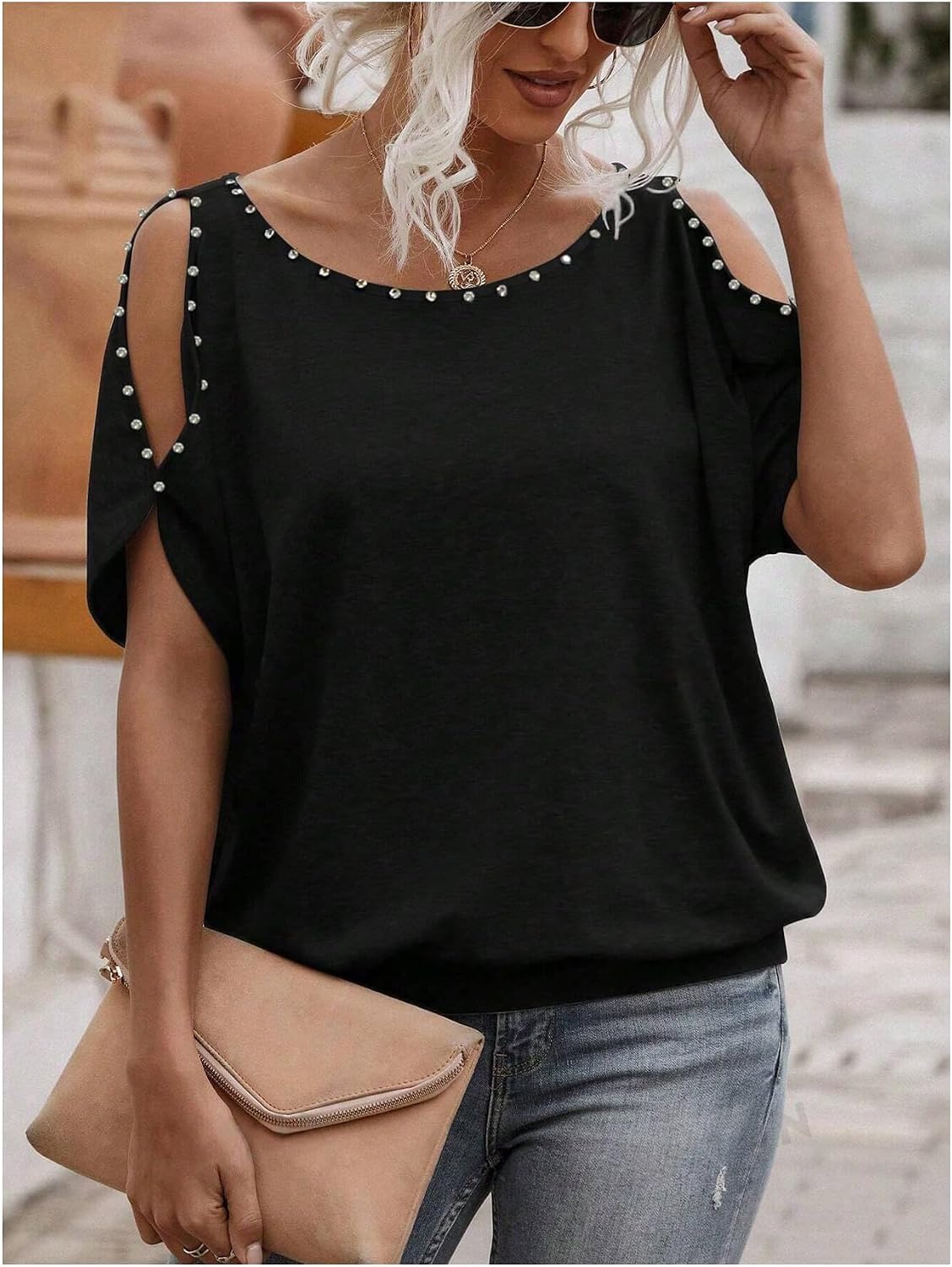 Verdusa Women's Cold Shoulder Beaded Blouse Top Elegant Summer Scoop Neck Dressy T Shirts Tops