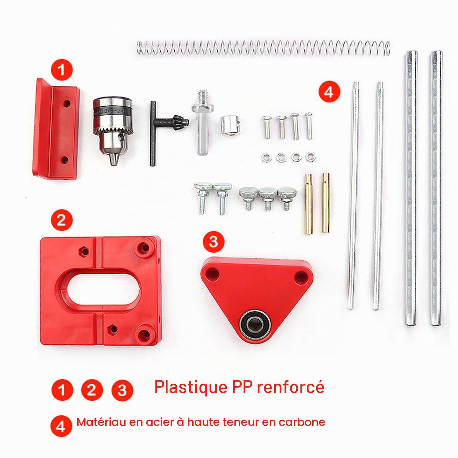 Support de perçage pour perceuse, gabarit de perçage réglable portable, outil de précision pour travail du bois, ensemble d’outils de guidage manuels verticaux (Rouge)