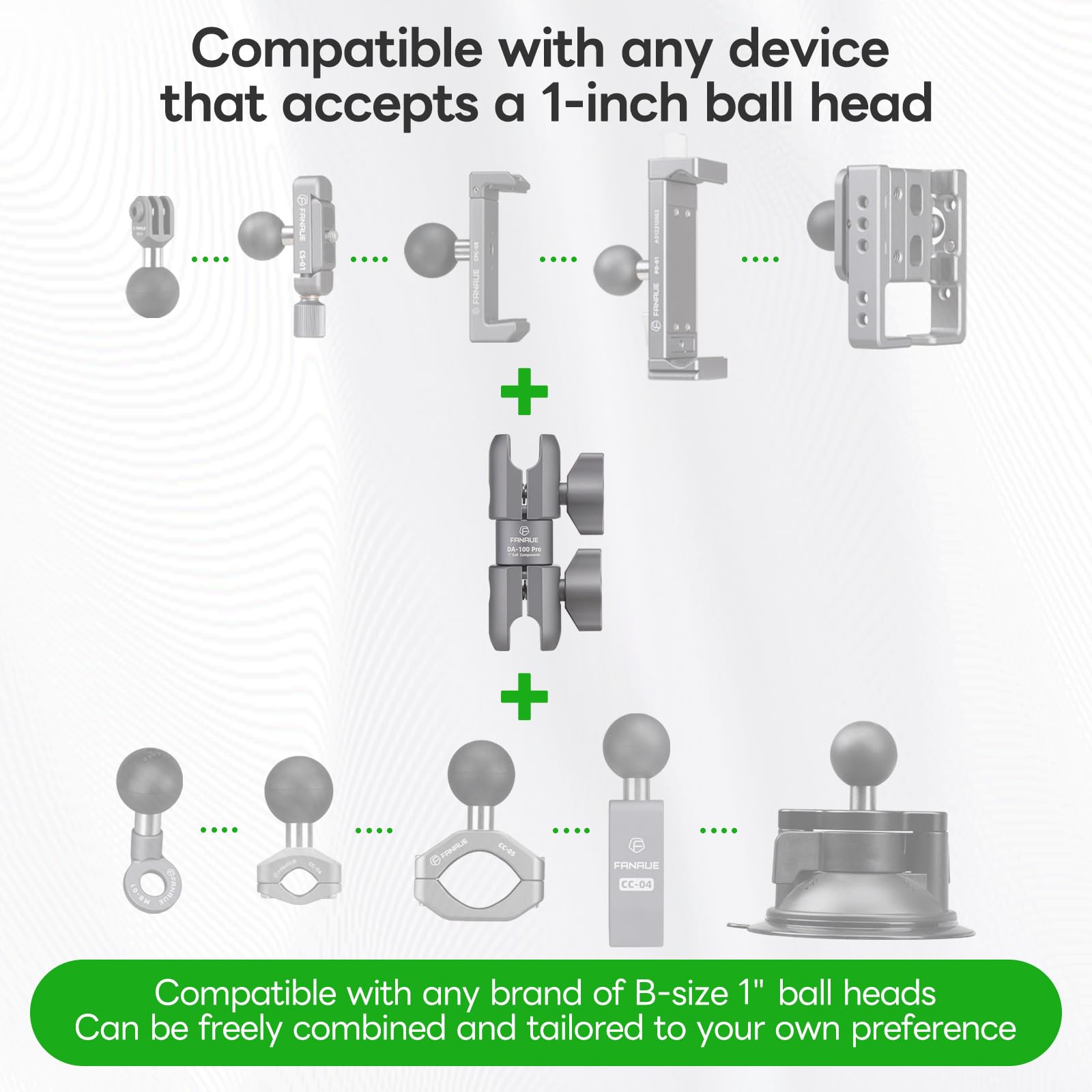FANAUE Braccio girevole a doppio giunto, in Alluminio, Compatibile con Adattatori RAM Mounts di Dimensione B/Sfera da 1 Pollice. Lunghezza del Braccio di 94 mm (DA-100pro)