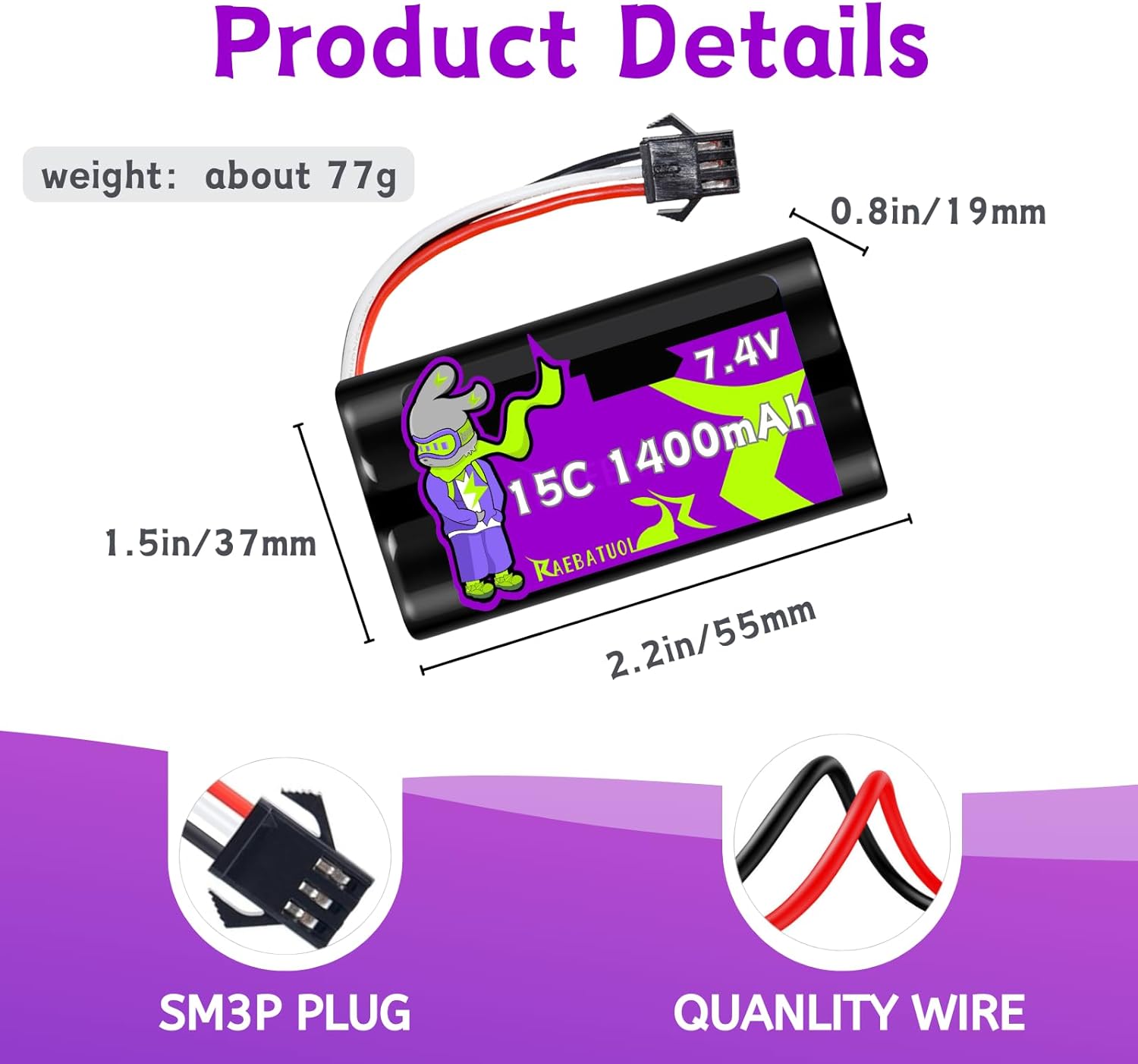 7.4V 1400mAh 15C Rechargeable Li-ion Battery SM-3P Plug,High Capacity Fit for Some Remote Control Car Toys,RC Trucks Boat Plane with Charger(Cell*2)