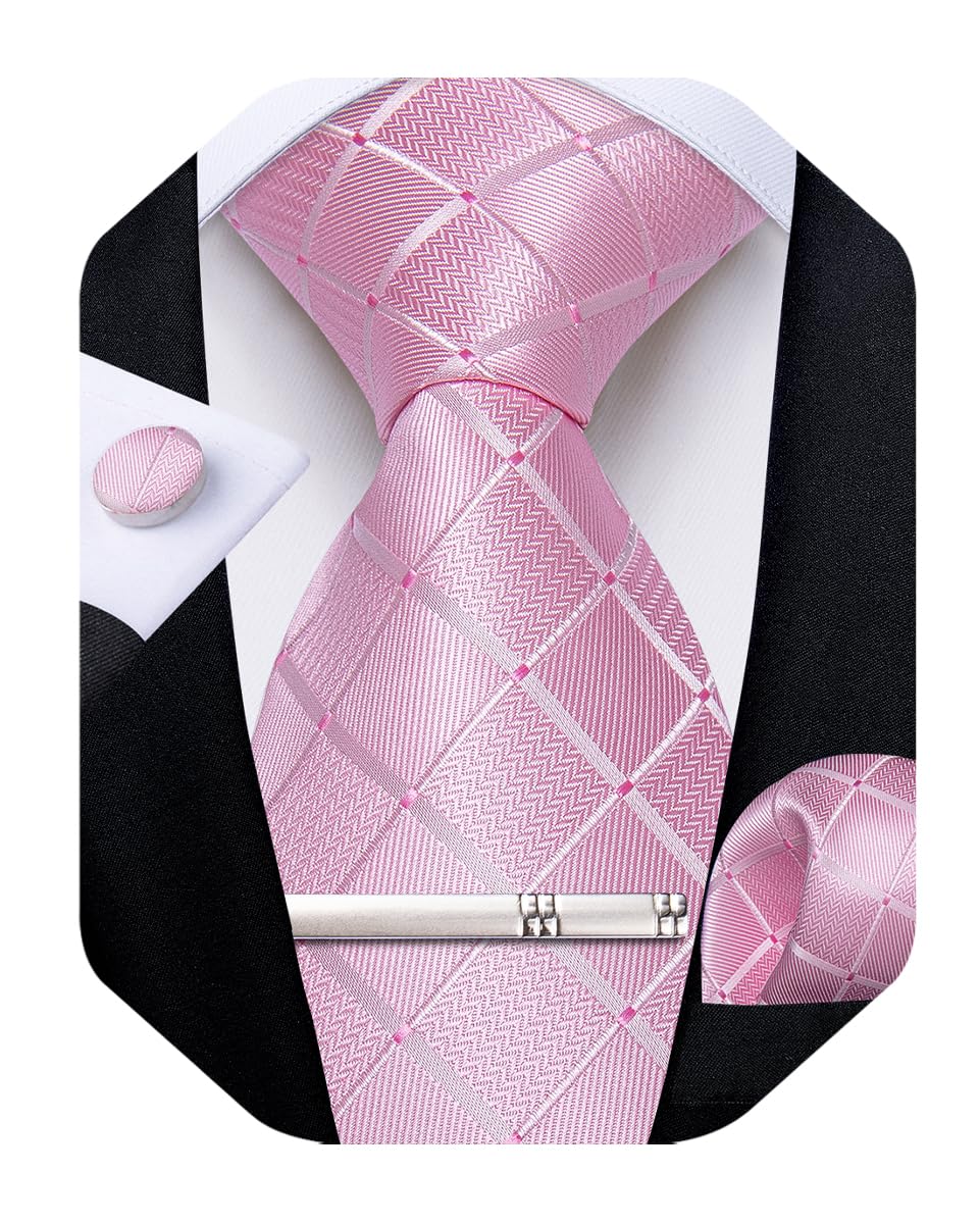 DiBanGu Mens Silk Plaid Tie and Pocket Square Set