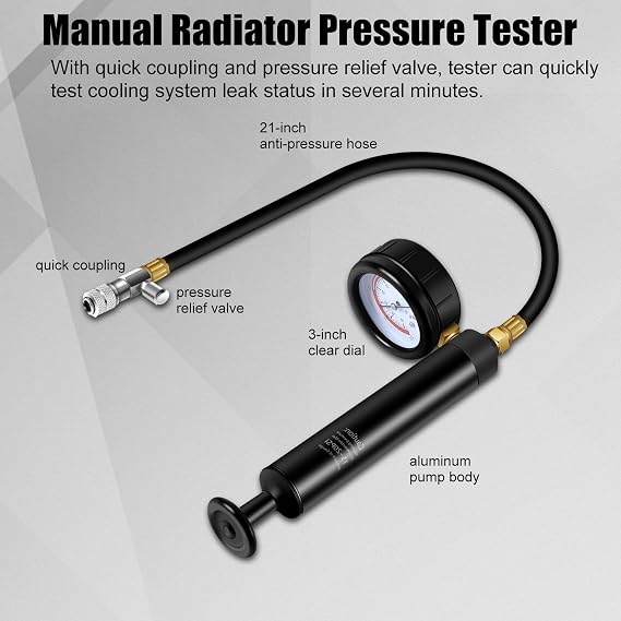 Radiator Pressure Tester Kit, 18PCS Automotive Water Tank Manual Pump Pressure Test Tool and Adapters Work on Cooling System Leak Down Detection for Cars Motorcycles Trucks Airlifts, Black