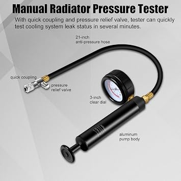 Radiator Pressure Tester Kit, 18PCS Automotive Water Tank Manual Pump Pressure Test Tool and Adapters Work on Cooling System Leak Down Detection for Cars Motorcycles Trucks Airlifts, Black
