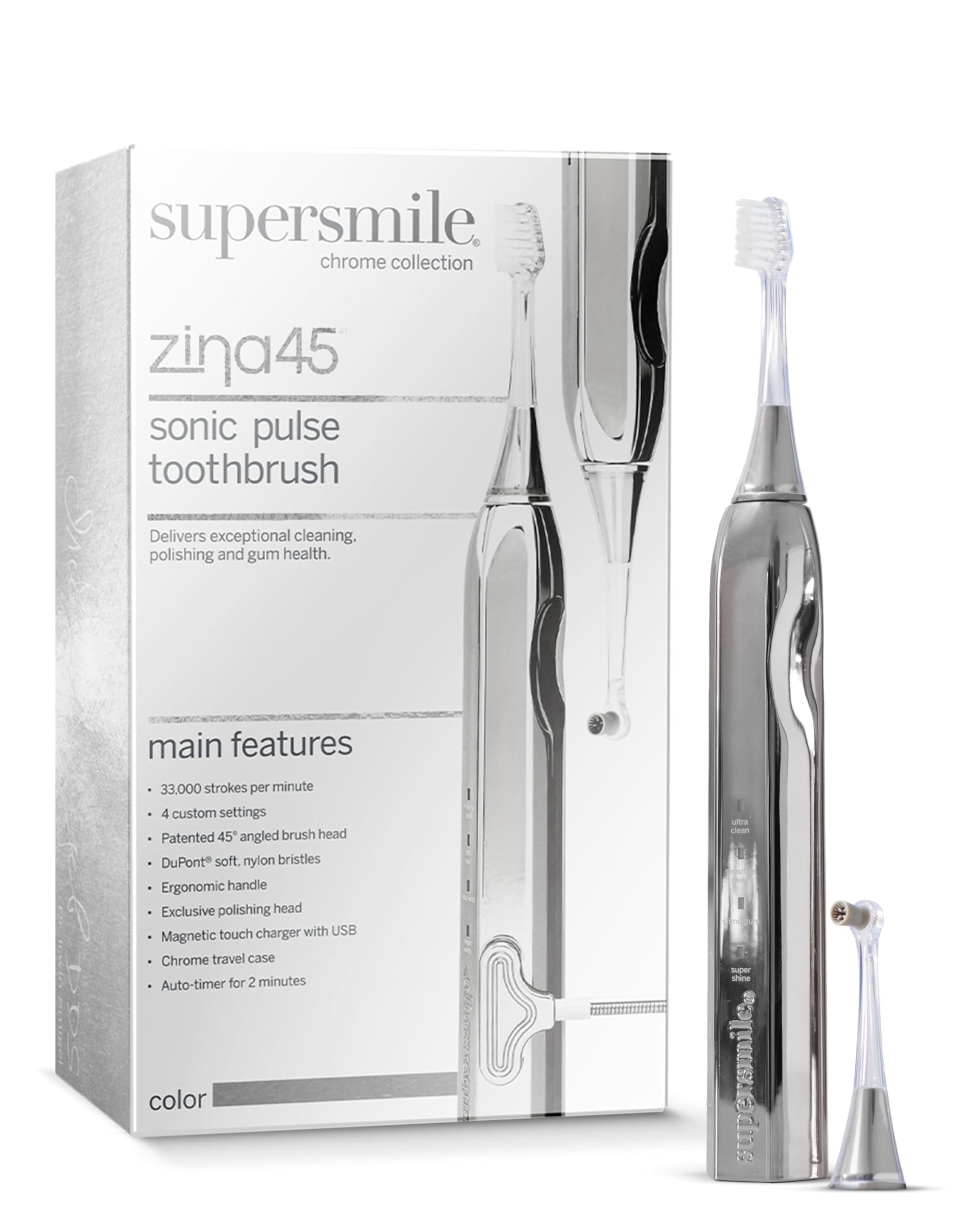 Supersmile Zina45™ Deluxe Sonic Pulse Toothbrush – Rechargeable Electric Brush with Angled Head & Travel Case – for Whiter Teeth and Healthier Gums